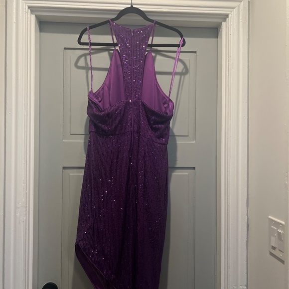 💜 TOCCIN x RTR Purple Sequin Asymmetrical Halter Dress – Size 14 ✨ - Picture 4 of 5